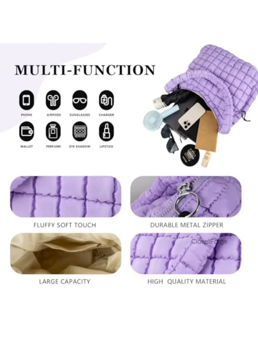 Quilted Puffer Tote Bag with Zipper, Nylon Hobo Crossbody Shoulder Bag Travel